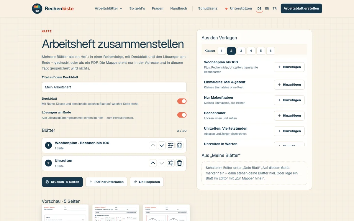 Mappe: mehrere Blätter als Arbeitsheft